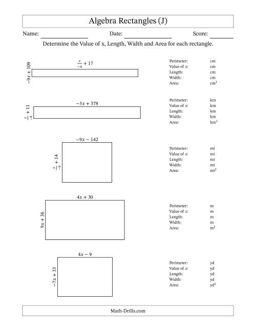 The Algebra Rectangles – Determining the Value of x, Length, Width and Area Using Algebraic Sides and the Perimeter – m Range [2,9] or [-9,-2] – Inverse m Possible (J) Math Worksheet