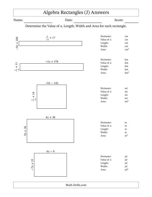 The Algebra Rectangles – Determining the Value of x, Length, Width and Area Using Algebraic Sides and the Perimeter – m Range [2,9] or [-9,-2] – Inverse m Possible (J) Math Worksheet Page 2