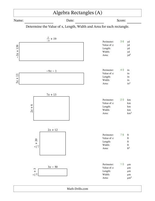 The Algebra Rectangles – Determining the Value of x, Length, Width and Area Using Algebraic Sides and the Perimeter – m Range [2,9] or [-9,-2] – Inverse m Possible (All) Math Worksheet