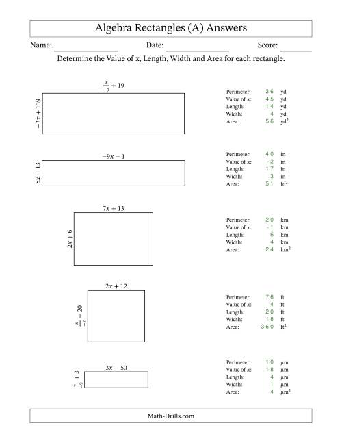 The Algebra Rectangles – Determining the Value of x, Length, Width and Area Using Algebraic Sides and the Perimeter – m Range [2,9] or [-9,-2] – Inverse m Possible (All) Math Worksheet Page 2