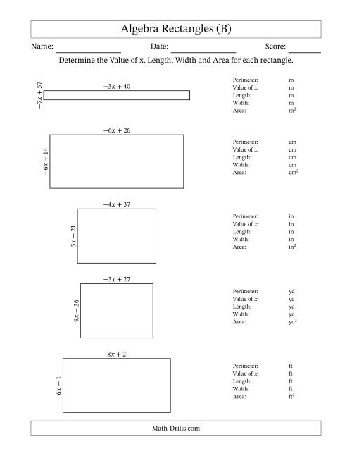 The Algebra Rectangles – Determining the Value of x, Length, Width and Area Using Algebraic Sides and the Perimeter – m Range [2,9] or [-9,-2] (B) Math Worksheet