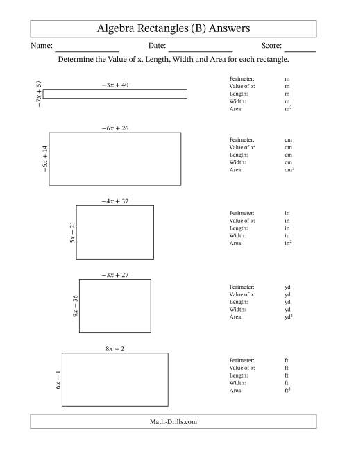 The Algebra Rectangles – Determining the Value of x, Length, Width and Area Using Algebraic Sides and the Perimeter – m Range [2,9] or [-9,-2] (B) Math Worksheet Page 2