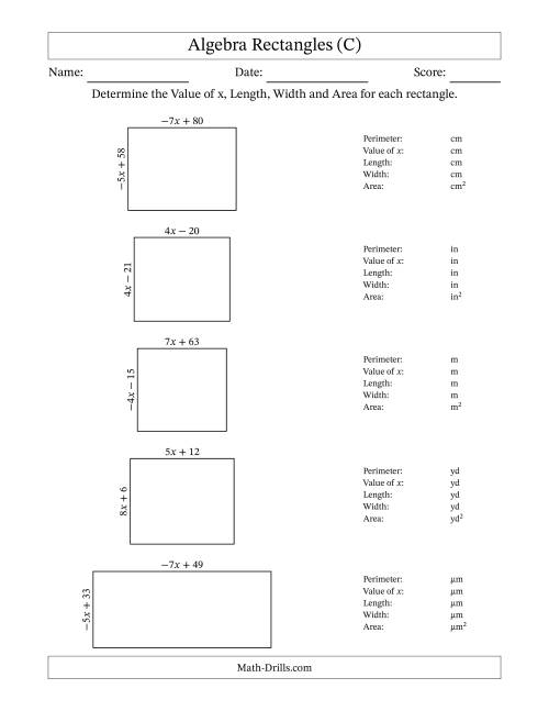 The Algebra Rectangles – Determining the Value of x, Length, Width and Area Using Algebraic Sides and the Perimeter – m Range [2,9] or [-9,-2] (C) Math Worksheet
