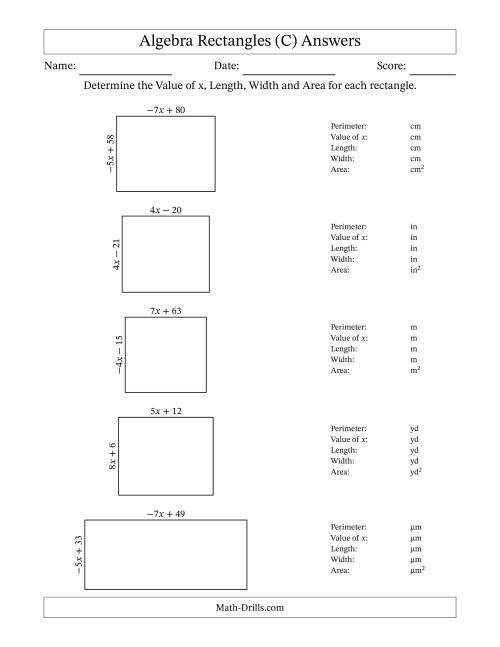 The Algebra Rectangles – Determining the Value of x, Length, Width and Area Using Algebraic Sides and the Perimeter – m Range [2,9] or [-9,-2] (C) Math Worksheet Page 2
