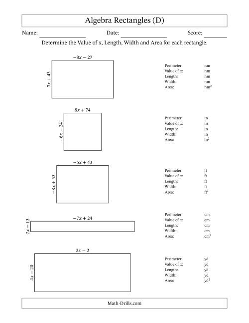 The Algebra Rectangles – Determining the Value of x, Length, Width and Area Using Algebraic Sides and the Perimeter – m Range [2,9] or [-9,-2] (D) Math Worksheet