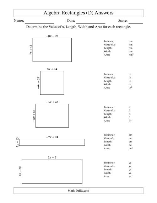 The Algebra Rectangles – Determining the Value of x, Length, Width and Area Using Algebraic Sides and the Perimeter – m Range [2,9] or [-9,-2] (D) Math Worksheet Page 2