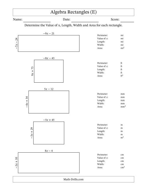 The Algebra Rectangles – Determining the Value of x, Length, Width and Area Using Algebraic Sides and the Perimeter – m Range [2,9] or [-9,-2] (E) Math Worksheet