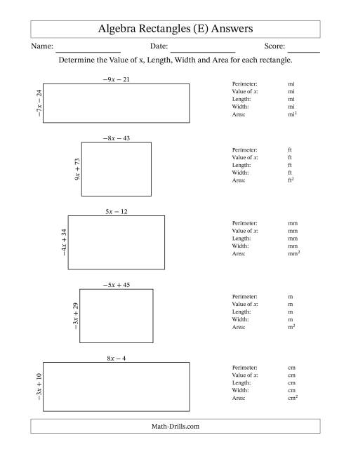 The Algebra Rectangles – Determining the Value of x, Length, Width and Area Using Algebraic Sides and the Perimeter – m Range [2,9] or [-9,-2] (E) Math Worksheet Page 2