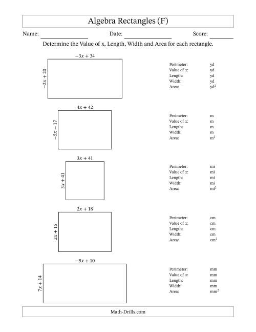 The Algebra Rectangles – Determining the Value of x, Length, Width and Area Using Algebraic Sides and the Perimeter – m Range [2,9] or [-9,-2] (F) Math Worksheet
