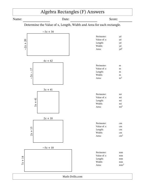 The Algebra Rectangles – Determining the Value of x, Length, Width and Area Using Algebraic Sides and the Perimeter – m Range [2,9] or [-9,-2] (F) Math Worksheet Page 2