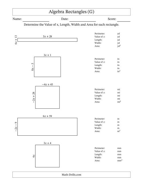 The Algebra Rectangles – Determining the Value of x, Length, Width and Area Using Algebraic Sides and the Perimeter – m Range [2,9] or [-9,-2] (G) Math Worksheet