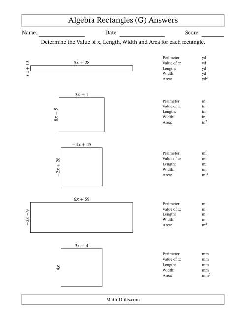 The Algebra Rectangles – Determining the Value of x, Length, Width and Area Using Algebraic Sides and the Perimeter – m Range [2,9] or [-9,-2] (G) Math Worksheet Page 2