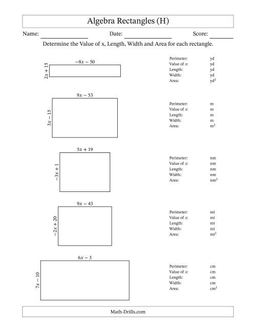 The Algebra Rectangles – Determining the Value of x, Length, Width and Area Using Algebraic Sides and the Perimeter – m Range [2,9] or [-9,-2] (H) Math Worksheet