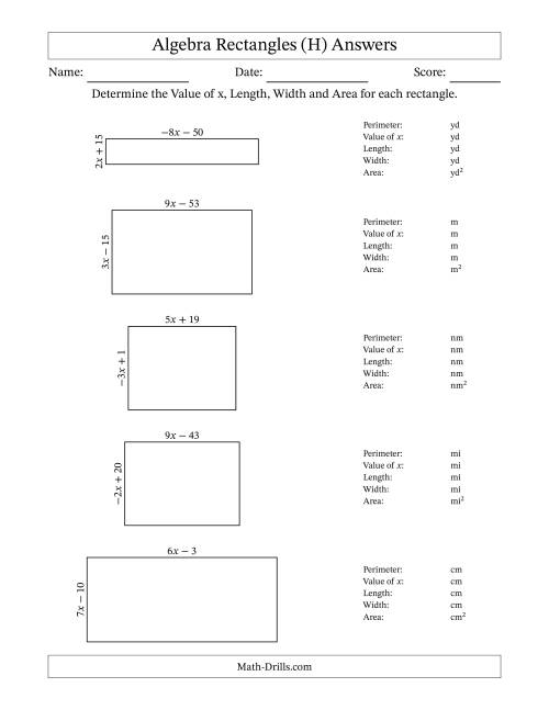 The Algebra Rectangles – Determining the Value of x, Length, Width and Area Using Algebraic Sides and the Perimeter – m Range [2,9] or [-9,-2] (H) Math Worksheet Page 2