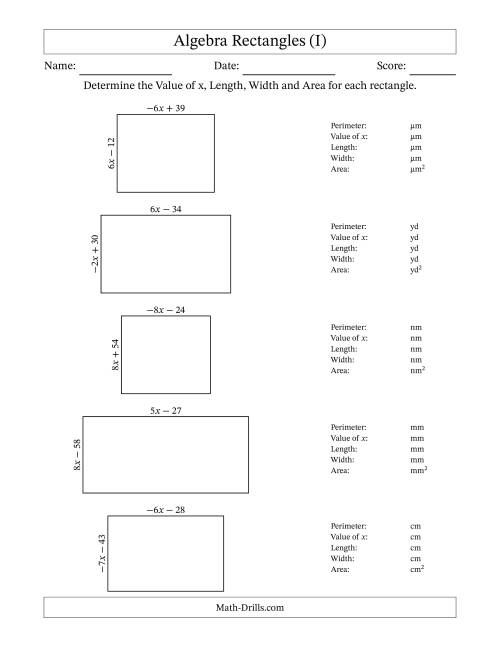 The Algebra Rectangles – Determining the Value of x, Length, Width and Area Using Algebraic Sides and the Perimeter – m Range [2,9] or [-9,-2] (I) Math Worksheet