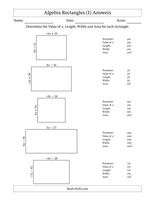 The Algebra Rectangles – Determining the Value of x, Length, Width and Area Using Algebraic Sides and the Perimeter – m Range [2,9] or [-9,-2] (I) Math Worksheet Page 2