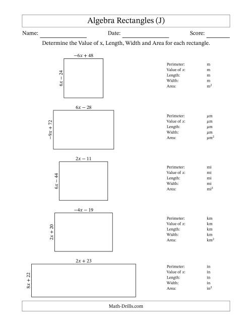The Algebra Rectangles – Determining the Value of x, Length, Width and Area Using Algebraic Sides and the Perimeter – m Range [2,9] or [-9,-2] (J) Math Worksheet