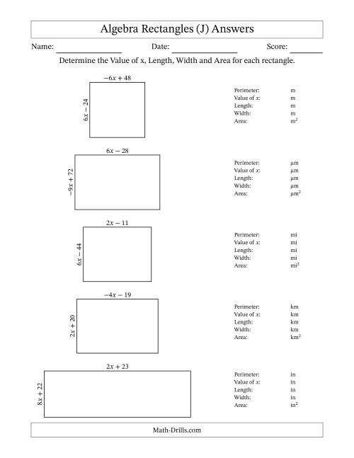 The Algebra Rectangles – Determining the Value of x, Length, Width and Area Using Algebraic Sides and the Perimeter – m Range [2,9] or [-9,-2] (J) Math Worksheet Page 2