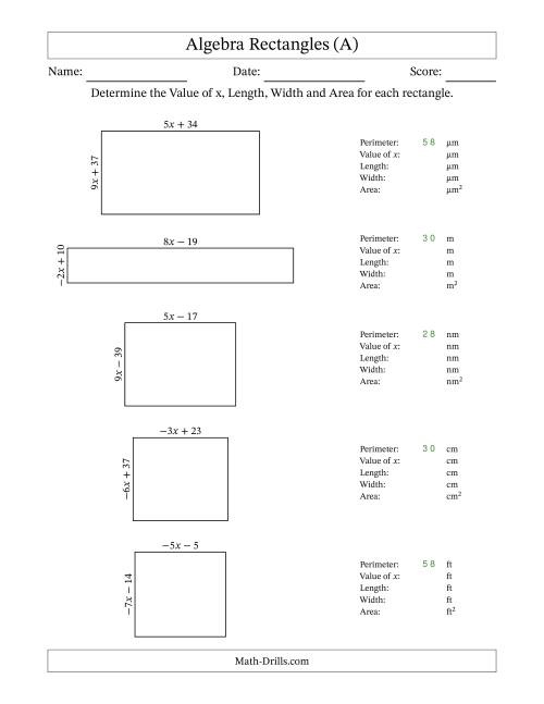 The Algebra Rectangles – Determining the Value of x, Length, Width and Area Using Algebraic Sides and the Perimeter – m Range [2,9] or [-9,-2] (All) Math Worksheet