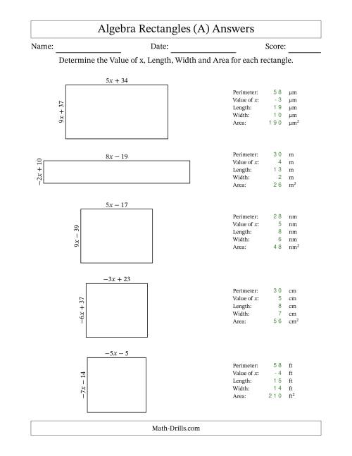 The Algebra Rectangles – Determining the Value of x, Length, Width and Area Using Algebraic Sides and the Perimeter – m Range [2,9] or [-9,-2] (All) Math Worksheet Page 2