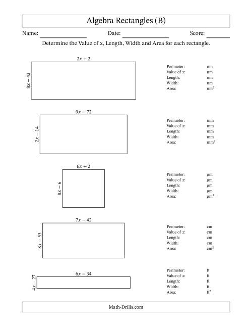 The Algebra Rectangles – Determining the Value of x, Length, Width and Area Using Algebraic Sides and the Perimeter – m Range [2,9] (B) Math Worksheet