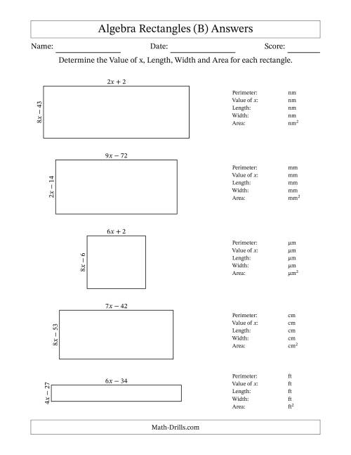 The Algebra Rectangles – Determining the Value of x, Length, Width and Area Using Algebraic Sides and the Perimeter – m Range [2,9] (B) Math Worksheet Page 2