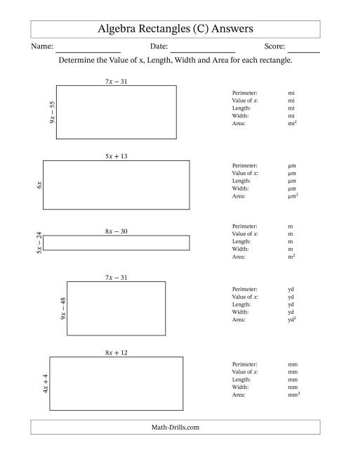 The Algebra Rectangles – Determining the Value of x, Length, Width and Area Using Algebraic Sides and the Perimeter – m Range [2,9] (C) Math Worksheet Page 2