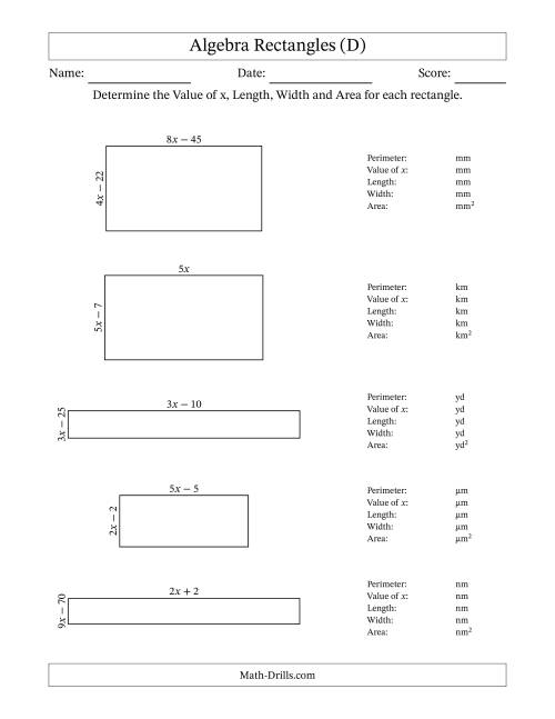 The Algebra Rectangles – Determining the Value of x, Length, Width and Area Using Algebraic Sides and the Perimeter – m Range [2,9] (D) Math Worksheet
