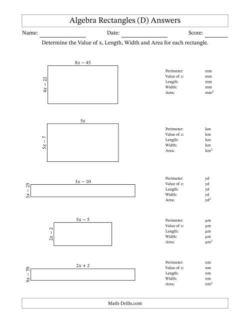 The Algebra Rectangles – Determining the Value of x, Length, Width and Area Using Algebraic Sides and the Perimeter – m Range [2,9] (D) Math Worksheet Page 2
