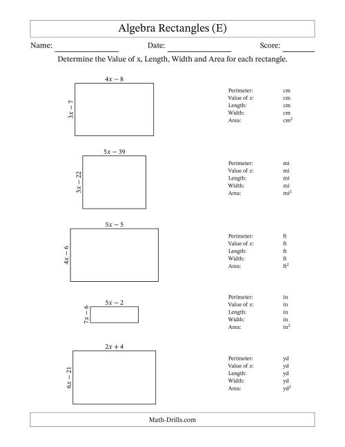 The Algebra Rectangles – Determining the Value of x, Length, Width and Area Using Algebraic Sides and the Perimeter – m Range [2,9] (E) Math Worksheet