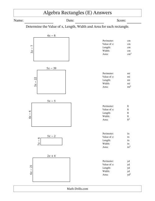 The Algebra Rectangles – Determining the Value of x, Length, Width and Area Using Algebraic Sides and the Perimeter – m Range [2,9] (E) Math Worksheet Page 2