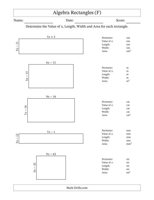 The Algebra Rectangles – Determining the Value of x, Length, Width and Area Using Algebraic Sides and the Perimeter – m Range [2,9] (F) Math Worksheet