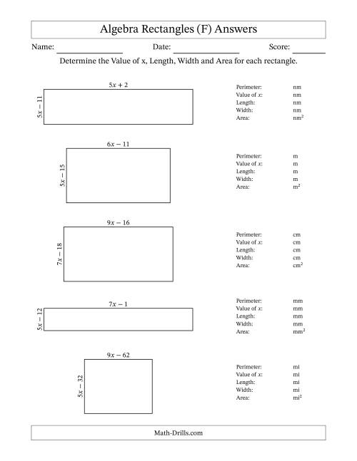 The Algebra Rectangles – Determining the Value of x, Length, Width and Area Using Algebraic Sides and the Perimeter – m Range [2,9] (F) Math Worksheet Page 2