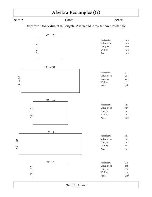 The Algebra Rectangles – Determining the Value of x, Length, Width and Area Using Algebraic Sides and the Perimeter – m Range [2,9] (G) Math Worksheet