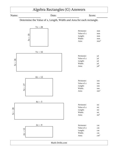 The Algebra Rectangles – Determining the Value of x, Length, Width and Area Using Algebraic Sides and the Perimeter – m Range [2,9] (G) Math Worksheet Page 2