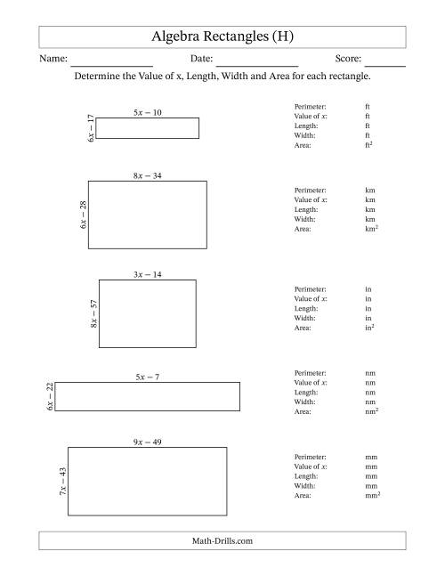 The Algebra Rectangles – Determining the Value of x, Length, Width and Area Using Algebraic Sides and the Perimeter – m Range [2,9] (H) Math Worksheet