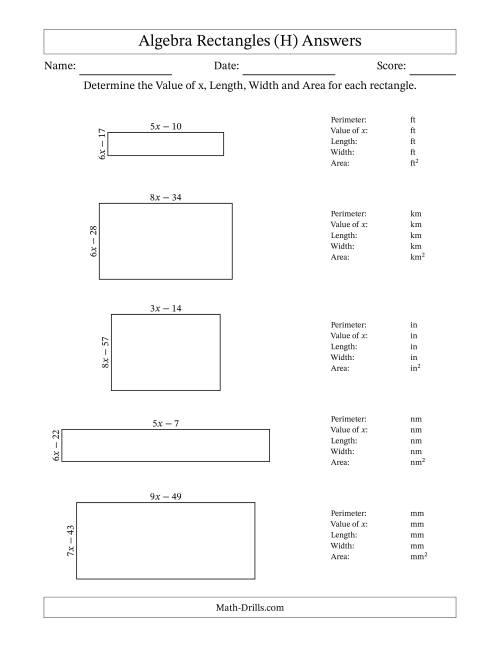 The Algebra Rectangles – Determining the Value of x, Length, Width and Area Using Algebraic Sides and the Perimeter – m Range [2,9] (H) Math Worksheet Page 2