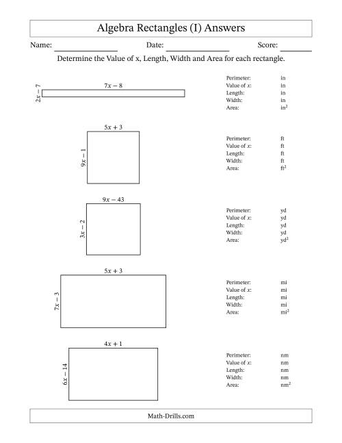 The Algebra Rectangles – Determining the Value of x, Length, Width and Area Using Algebraic Sides and the Perimeter – m Range [2,9] (I) Math Worksheet Page 2