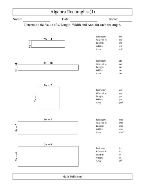 The Algebra Rectangles – Determining the Value of x, Length, Width and Area Using Algebraic Sides and the Perimeter – m Range [2,9] (J) Math Worksheet