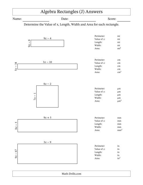 The Algebra Rectangles – Determining the Value of x, Length, Width and Area Using Algebraic Sides and the Perimeter – m Range [2,9] (J) Math Worksheet Page 2