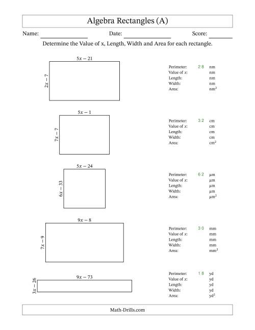 The Algebra Rectangles – Determining the Value of x, Length, Width and Area Using Algebraic Sides and the Perimeter – m Range [2,9] (All) Math Worksheet