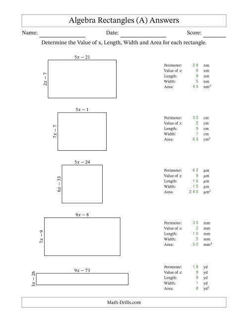 The Algebra Rectangles – Determining the Value of x, Length, Width and Area Using Algebraic Sides and the Perimeter – m Range [2,9] (All) Math Worksheet Page 2