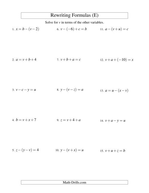 The Rewriting Formulas -- Two-Steps -- Addition and Subtraction (E) Math Worksheet