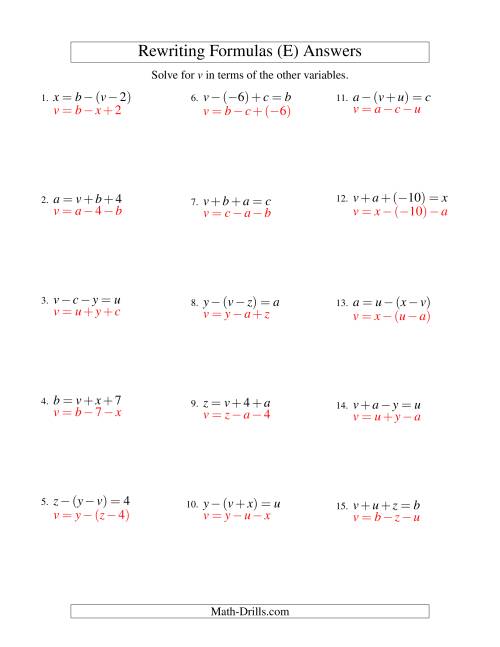 The Rewriting Formulas -- Two-Steps -- Addition and Subtraction (E) Math Worksheet Page 2