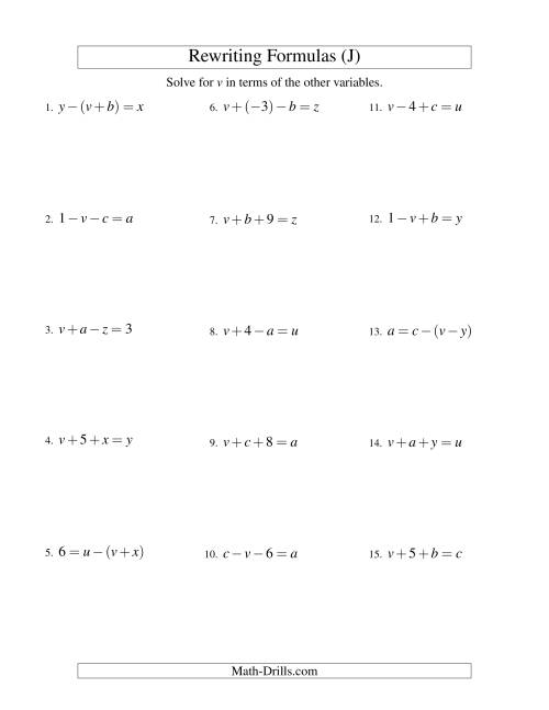 The Rewriting Formulas -- Two-Steps -- Addition and Subtraction (J) Math Worksheet