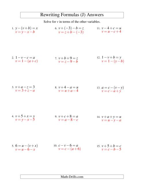 The Rewriting Formulas -- Two-Steps -- Addition and Subtraction (J) Math Worksheet Page 2