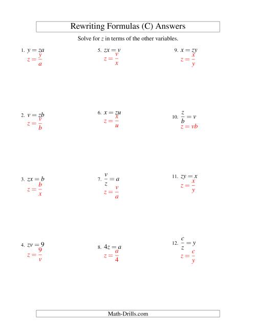 The Rewriting Formulas -- One-Step -- Multiplication and Division (C) Math Worksheet Page 2