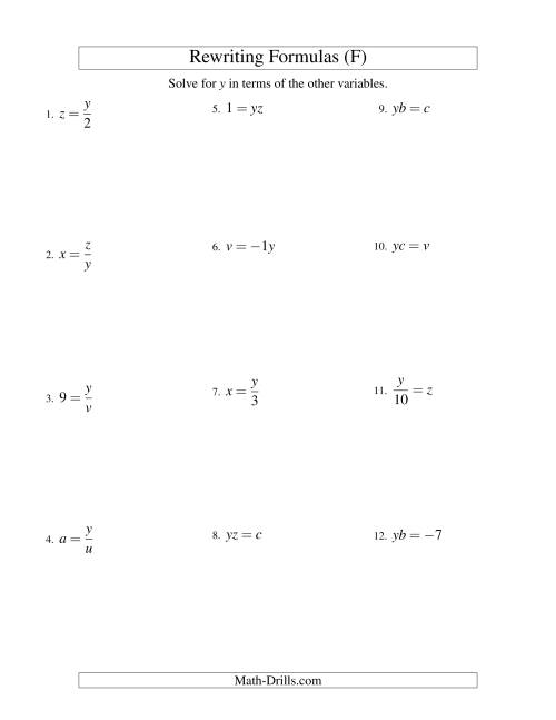The Rewriting Formulas -- One-Step -- Multiplication and Division (F) Math Worksheet