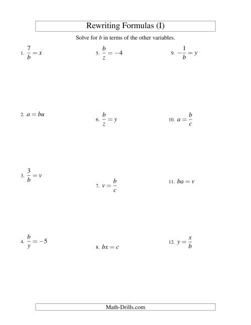 The Rewriting Formulas -- One-Step -- Multiplication and Division (I) Math Worksheet