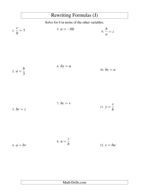 The Rewriting Formulas -- One-Step -- Multiplication and Division (J) Math Worksheet